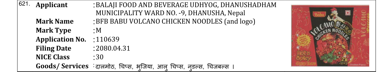 Original bulletin entry for BFB BABU VOLCANO CHICKEN NOODLES (and logo)