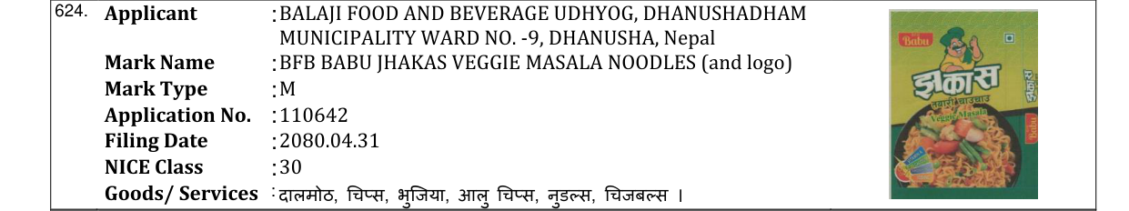 Original bulletin entry for BFB BABU JHAKAS VEGGIE MASALA NOODLES (and logo)