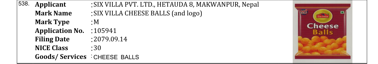 Original bulletin entry for SIX VILLA CHEESE BALLS (and logo)