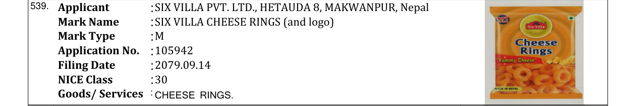 Original bulletin entry for SIX VILLA CHEESE RINGS (and logo)