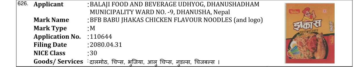 Original bulletin entry for BFB BABU JHAKAS CHICKEN FLAVOUR NOODLES (and logo)