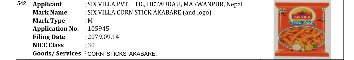 Original bulletin entry for SIX VILLA CORN STICK AKABARE (and logo)