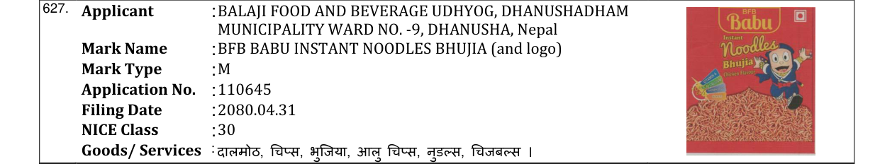 Original bulletin entry for BFB BABU INSTANT NOODLES BHUJIA (and logo)