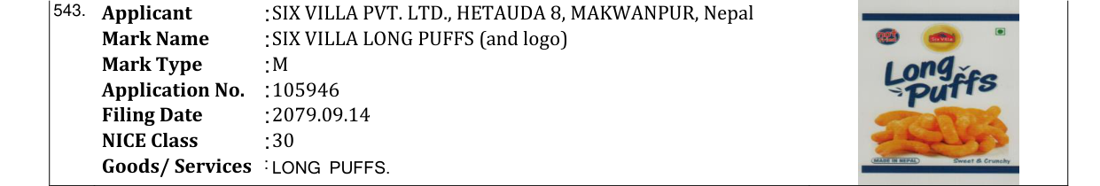 Original bulletin entry for SIX VILLA LONG PUFFS (and logo)
