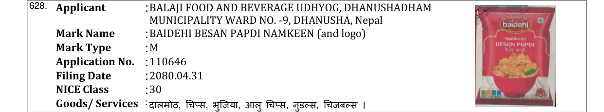 Original bulletin entry for BAIDEHI BESAN PAPDI NAMKEEN (and logo)