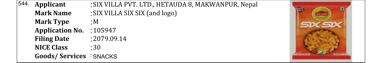 Original bulletin entry for SIX VILLA SIX SIX (and logo)