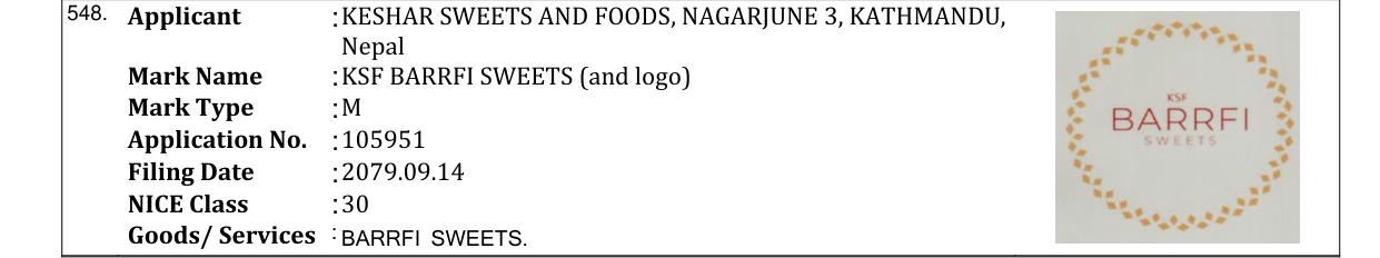 Original bulletin entry for KSF BARRFI SWEETS (and logo)