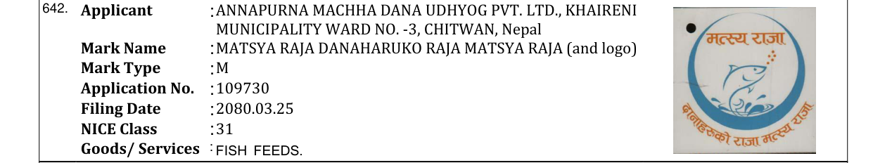 Original bulletin entry for MATSYA RAJA DANAHARUKO RAJA MATSYA RAJA (and logo)