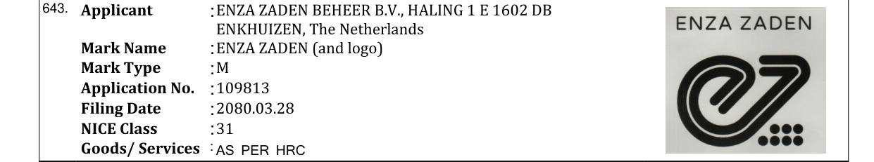 Original bulletin entry for ENZA ZADEN (and logo)