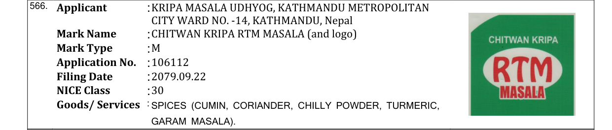 Original bulletin entry for CHITWAN KRIPA RTM MASALA (and logo)