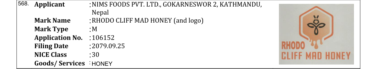 Original bulletin entry for RHODO CLIFF MAD HONEY (and logo)