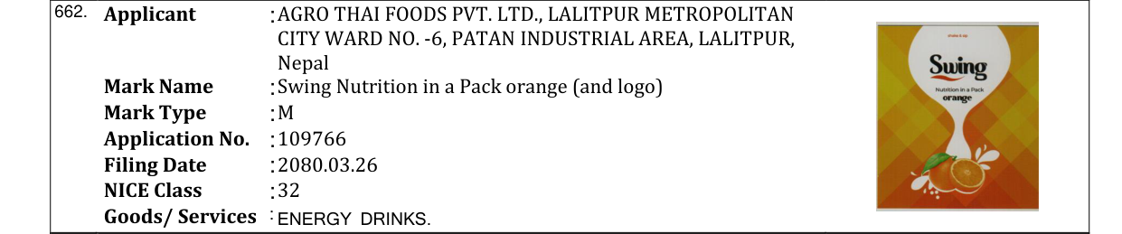 Original bulletin entry for Swing Nutrition in a Pack orange (and logo)