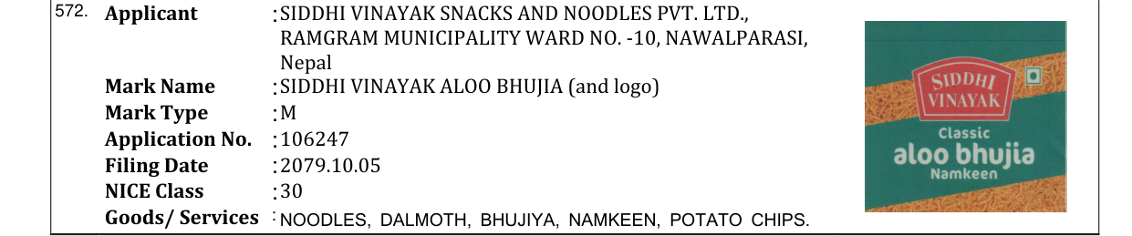 Original bulletin entry for SIDDHI VINAYAK ALOO BHUJIA (and logo)