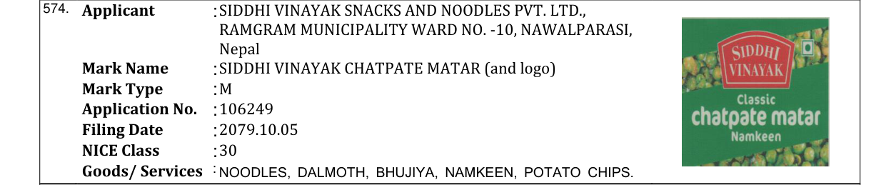 Original bulletin entry for SIDDHI VINAYAK CHATPATE MATAR (and logo)