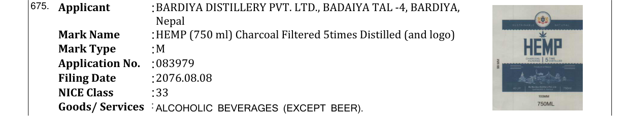 Original bulletin entry for HEMP (750 ml) Charcoal Filtered 5times Distilled (and logo)