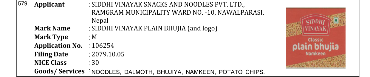 Original bulletin entry for SIDDHI VINAYAK PLAIN BHUJIA (and logo)