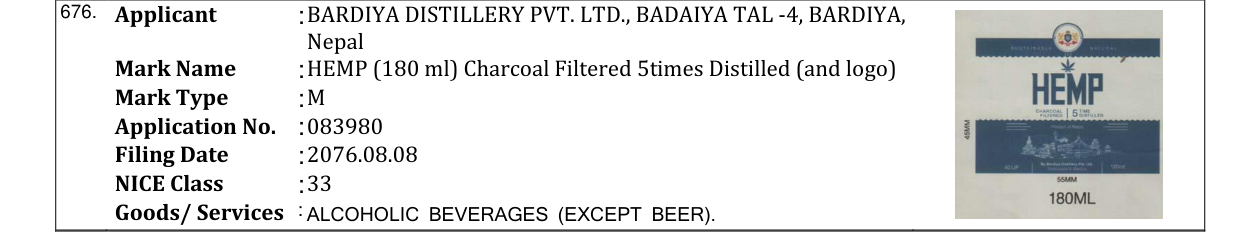 Original bulletin entry for HEMP (180 ml) Charcoal Filtered 5times Distilled (and logo)