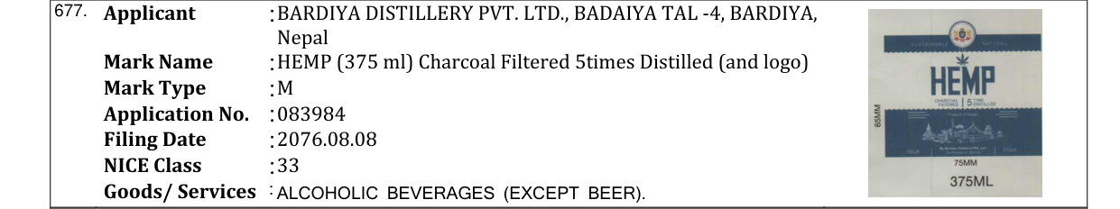 Original bulletin entry for HEMP (375 ml) Charcoal Filtered 5times Distilled (and logo)
