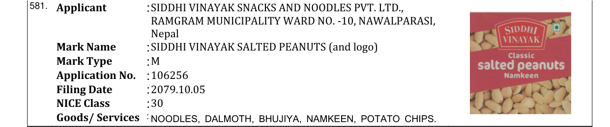 Original bulletin entry for SIDDHI VINAYAK SALTED PEANUTS (and logo)