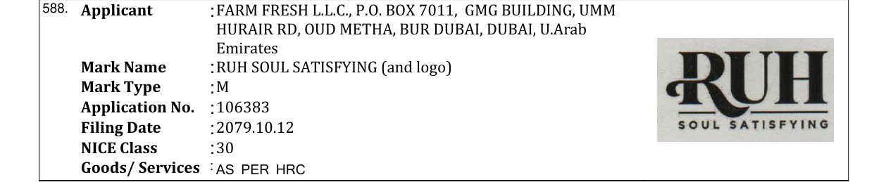 Original bulletin entry for RUH SOUL SATISFYING (and logo)