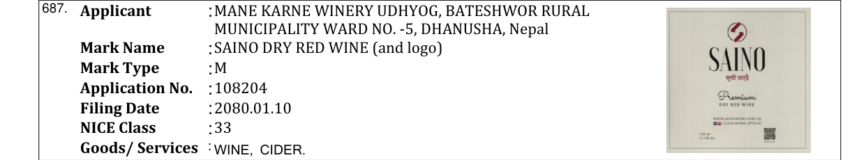 Original bulletin entry for SAINO DRY RED WINE (and logo)