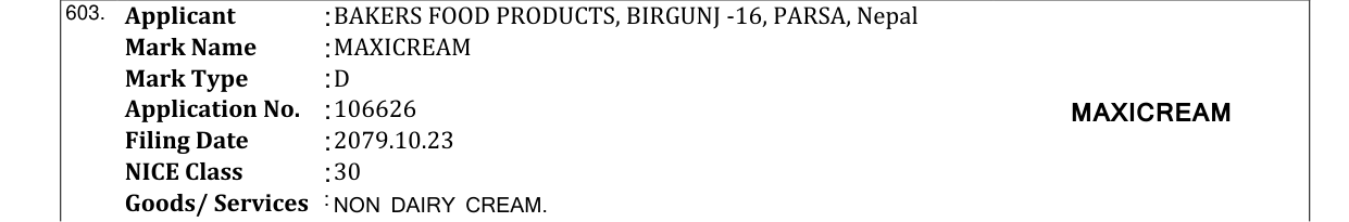 Original bulletin entry for MAXICREAM