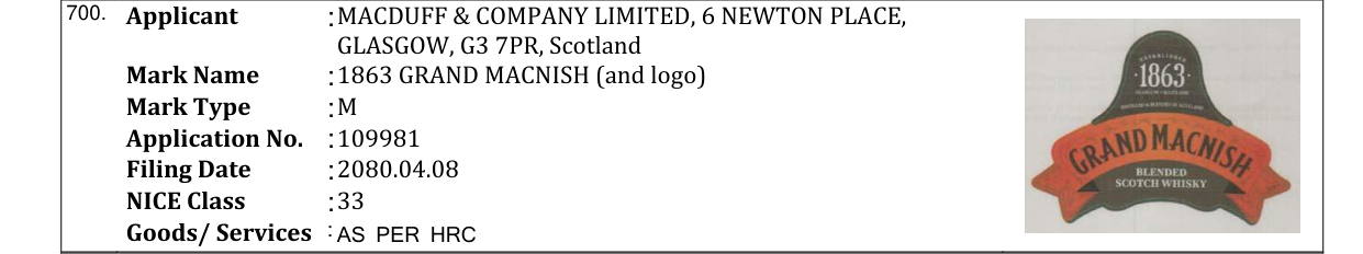 Original bulletin entry for 1863 GRAND MACNISH (and logo)