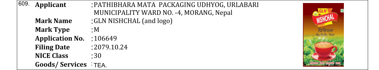 Original bulletin entry for GLN NISHCHAL (and logo)