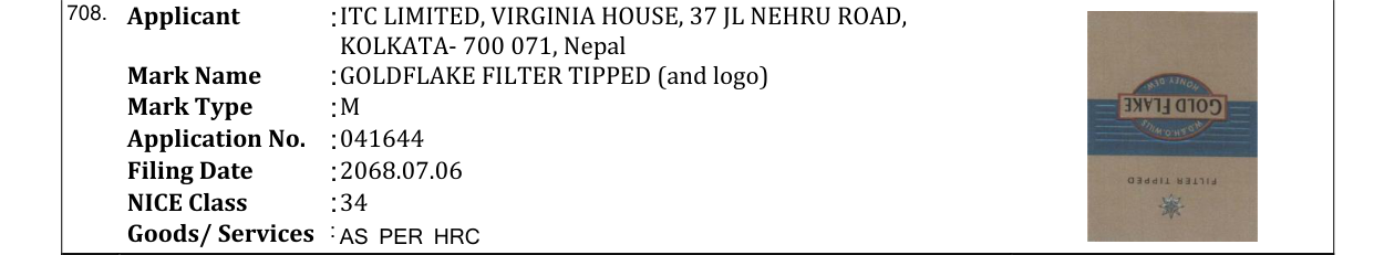 Original bulletin entry for GOLDFLAKE FILTER TIPPED (and logo)