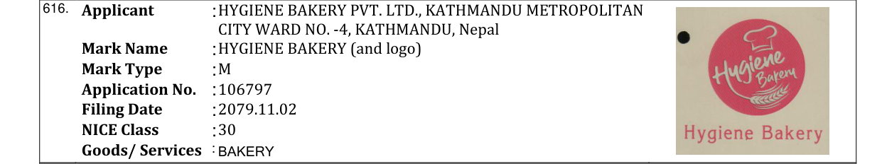 Original bulletin entry for HYGIENE BAKERY (and logo)