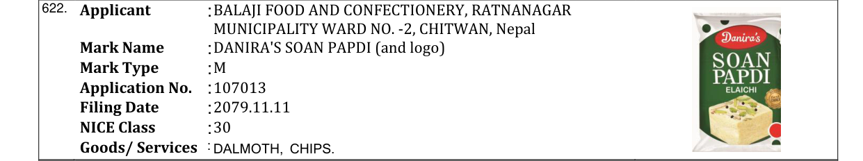 Original bulletin entry for DANIRA'S SOAN PAPDI (and logo)