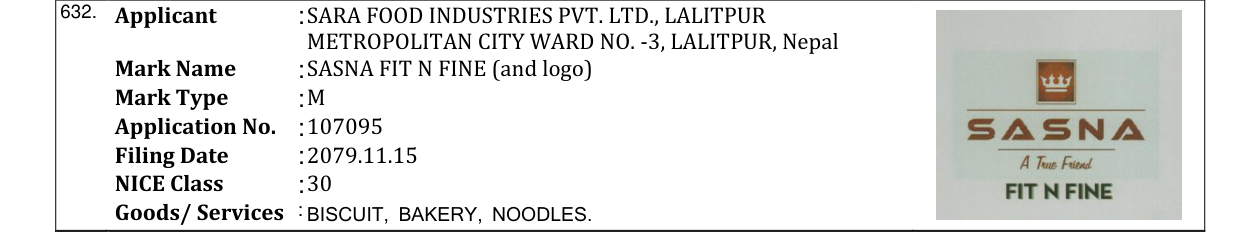 Original bulletin entry for SASNA FIT N FINE (and logo)