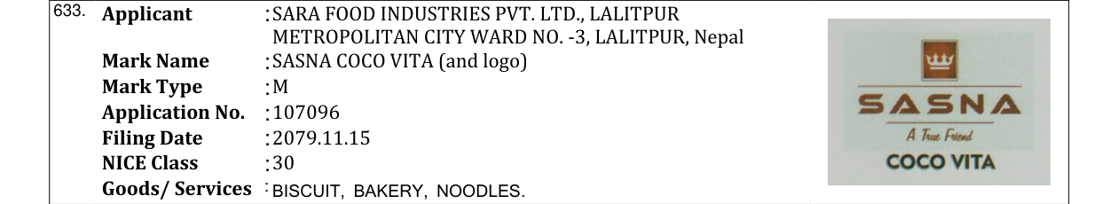 Original bulletin entry for SASNA COCO VITA (and logo)
