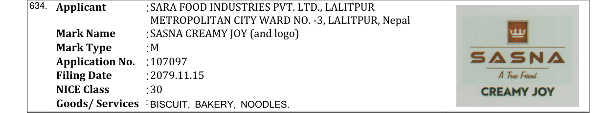 Original bulletin entry for SASNA CREAMY JOY (and logo)