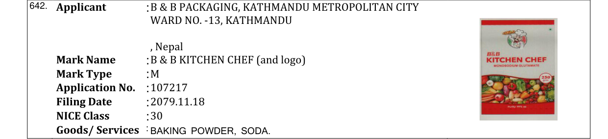 Original bulletin entry for B & B KITCHEN CHEF (and logo)