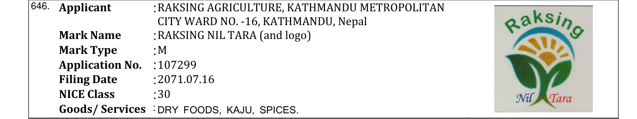 Original bulletin entry for RAKSING NIL TARA (and logo)