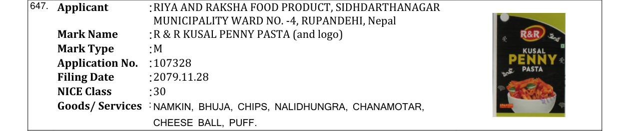 Original bulletin entry for R & R KUSAL PENNY PASTA (and logo)
