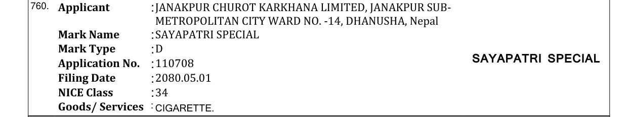 Original bulletin entry for SAYAPATRI SPECIAL