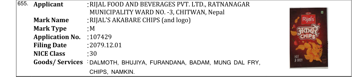 Original bulletin entry for RIJAL'S AKABARE CHIPS (and logo)