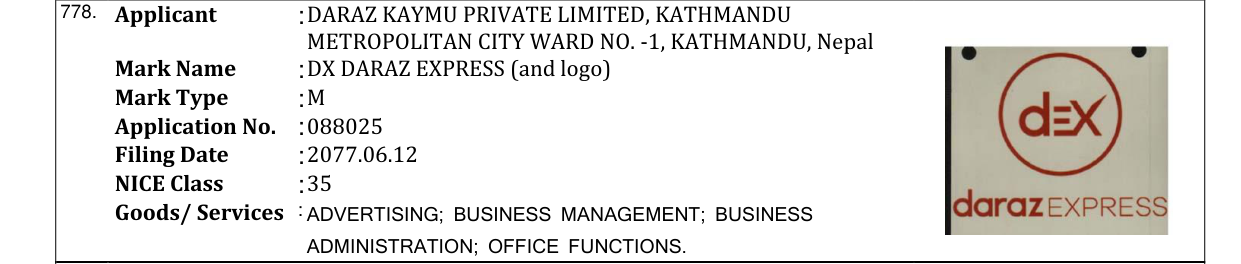 Original bulletin entry for DX DARAZ EXPRESS (and logo)