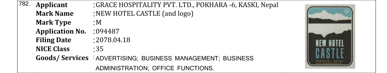 Original bulletin entry for NEW HOTEL CASTLE (and logo)