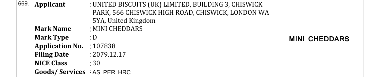 Original bulletin entry for MINI CHEDDARS
