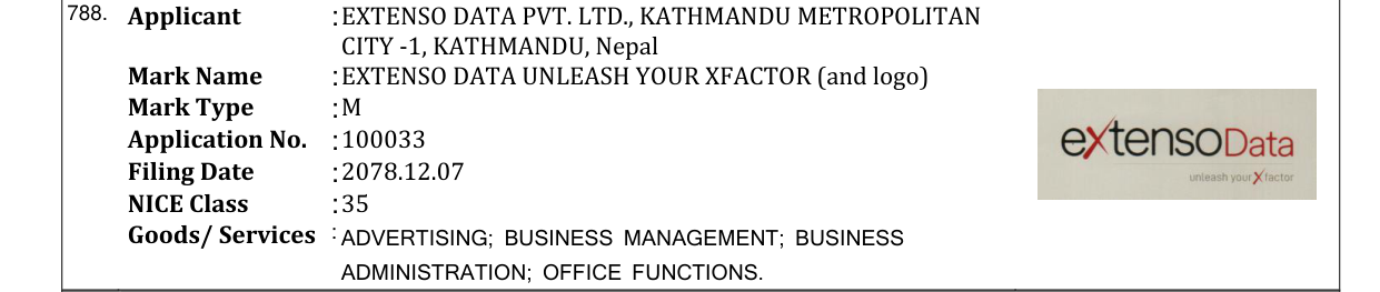 Original bulletin entry for EXTENSO DATA UNLEASH YOUR XFACTOR (and logo)