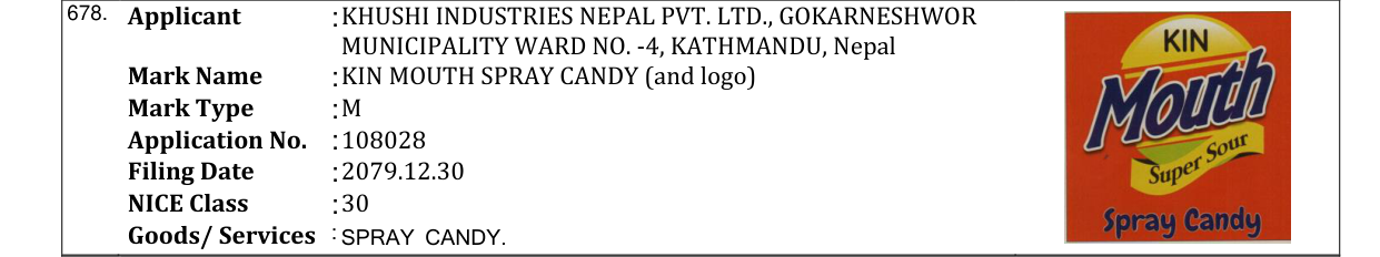 Original bulletin entry for KIN MOUTH SPRAY CANDY (and logo)