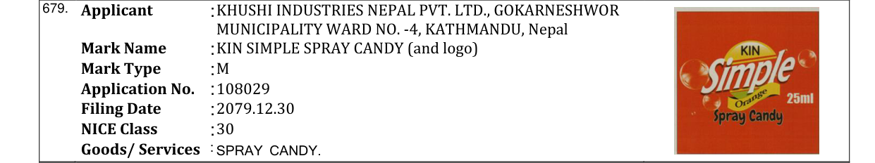 Original bulletin entry for KIN SIMPLE SPRAY CANDY (and logo)