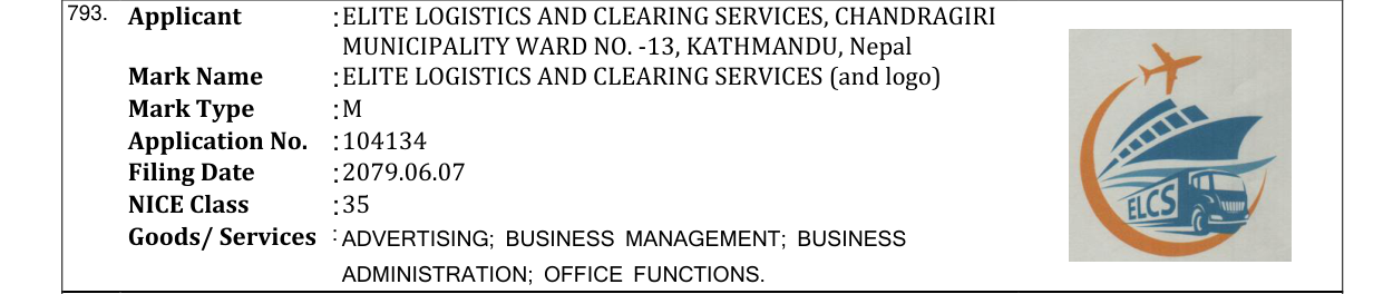 Original bulletin entry for ELITE LOGISTICS AND CLEARING SERVICES (and logo)