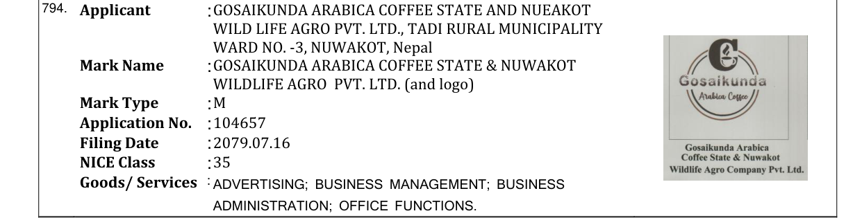 Original bulletin entry for GOSAIKUNDA ARABICA COFFEE STATE & NUWAKOT WILDLIFE AGRO PVT. LTD. (and logo)