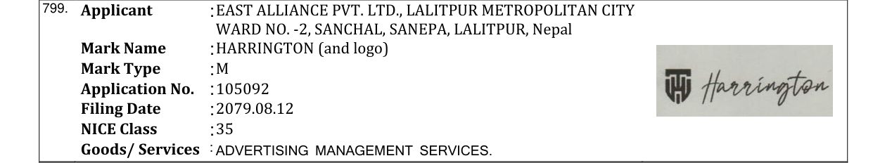 Original bulletin entry for HARRINGTON (and logo)