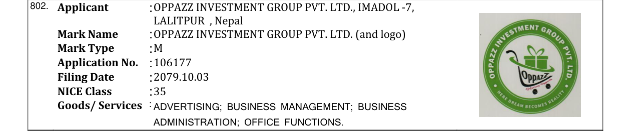 Original bulletin entry for OPPAZZ INVESTMENT GROUP PVT. LTD. (and logo)