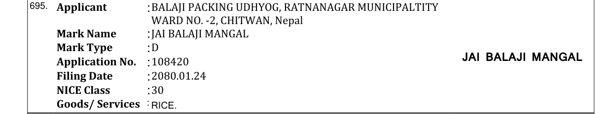 Original bulletin entry for JAI BALAJI MANGAL